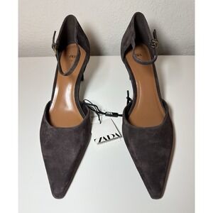 ZARA Women Chocolate Brown Suede Pointed Toe‎ Ankle Strap Heels US 10 EU 41 NEW